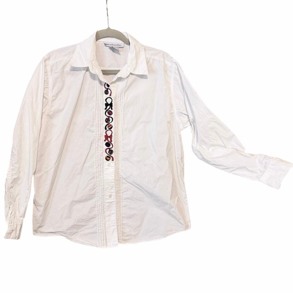 Vintage 90s ivy collectibles holiday embroidered white button front long sleeve